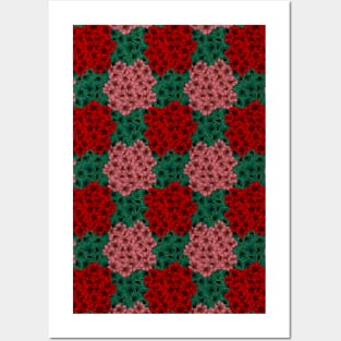 Floral checkerboard in Rose Red and Dark Teal Posters and Art
